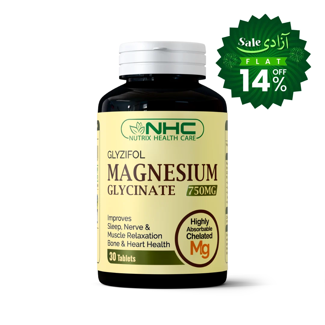 NHC Nutrix Health Care Glyzifol Magnesium Glycinate 750mg supplement bottle with a white cap, shown on a white background with a green promotional sale badge overlay.