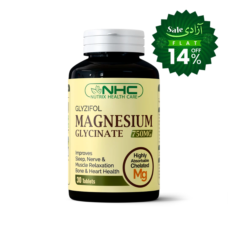NHC Nutrix Health Care Glyzifol Magnesium Glycinate 750mg supplement bottle with a white cap, shown on a white background with a green promotional sale badge overlay.