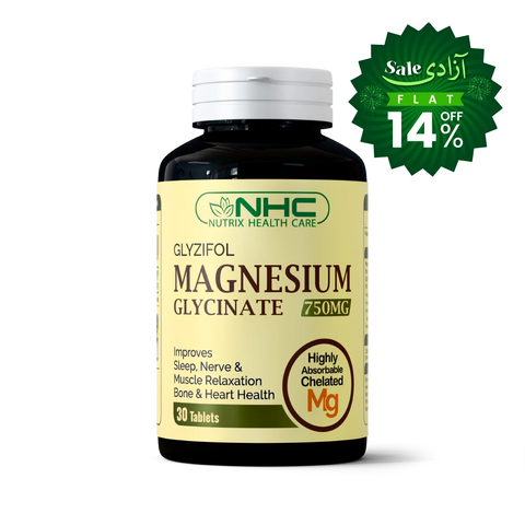 NHC Nutrix Health Care Glyzifol Magnesium Glycinate 750mg supplement bottle with a white cap, shown on a white background with a green promotional sale badge overlay.