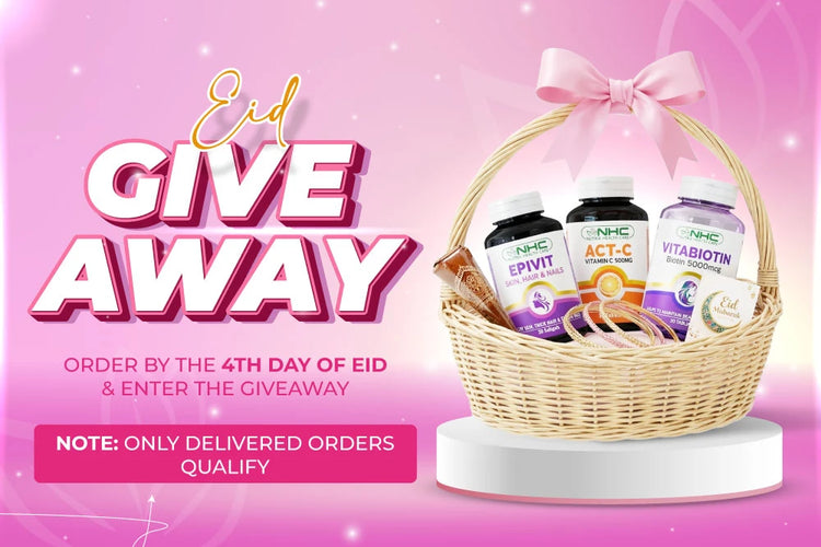 Nutrix Healthcare Eid Giveaway gift basket with Epivit, ACT-C Vitamin C and Vitabiotin Biotin supplements — only delivered orders qualify