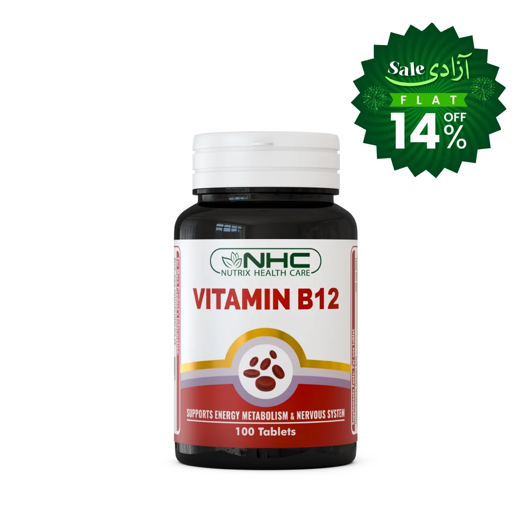 A bottle of NHC Vitamin B12 dietary supplement with a white cap and a white label featuring red and green branding, shown on a white background with a green promotional sale badge in the top right corner.