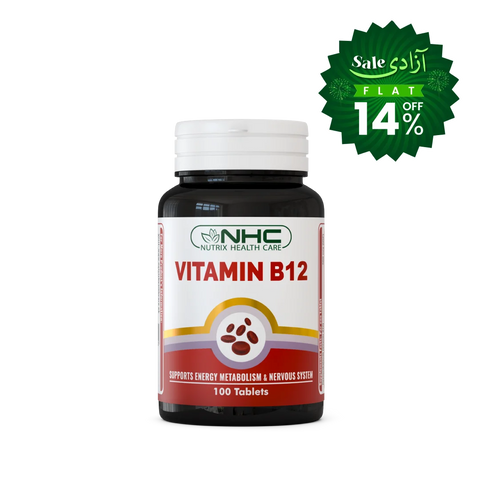 A bottle of NHC Vitamin B12 dietary supplement with a white cap and a white label featuring red and green branding, shown on a white background with a green promotional sale badge in the top right corner.