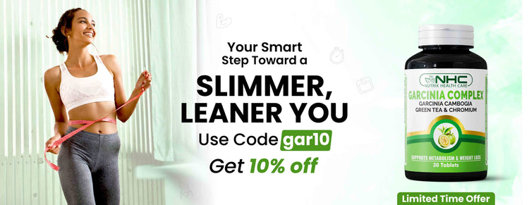 Nutrix Health Care Garcinia Complex bottle with fit woman holding measuring tape promoting healthy weight loss in Pakistan