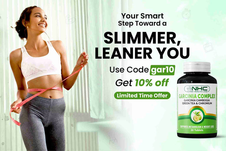 Nutrix Health Care Garcinia Complex bottle with fit woman holding measuring tape promoting healthy weight loss in Pakistan