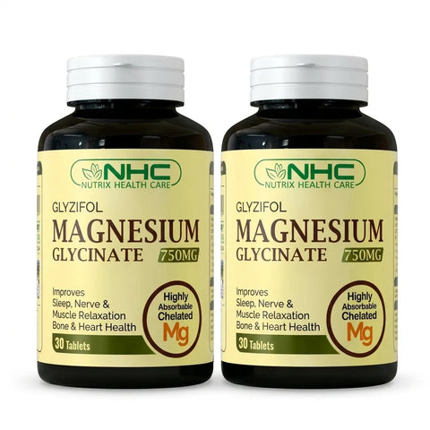 NHC Nutrix Health Care Glyzifol Magnesium Glycinate 750mg Tablets – Pack of 2 Bottles (30 Tablets Each) – Highly Absorbable Chelated Magnesium for Sleep, Nerve & Muscle Relaxation, Bone & Heart Health