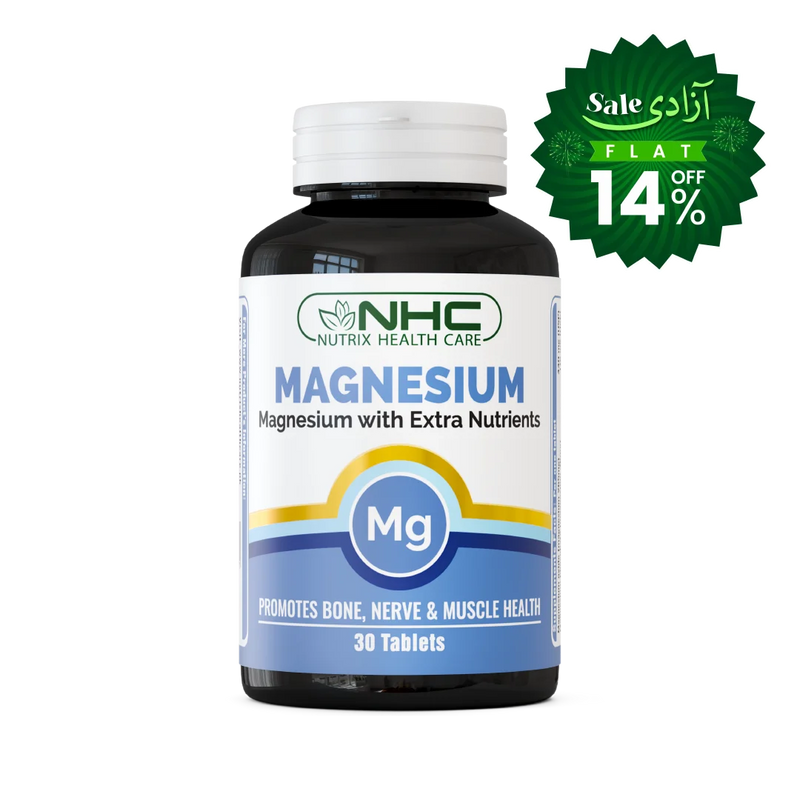 A bottle of NHC Nutrix Health Care Magnesium supplement with a white cap and a white, blue, and yellow label, shown on a white background with a green sale badge in the top right corner.