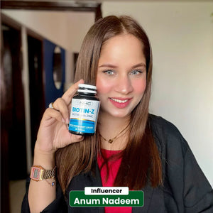Influencer Anum Nadeem holding NHC Biotin-Z Biotin with Zinc 30 tablets for beauty and wellness