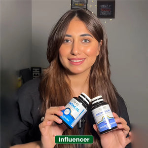 Influencer holding NHC Pantacal Calcium and NHC Magnesium supplement bottles for bone and muscle health