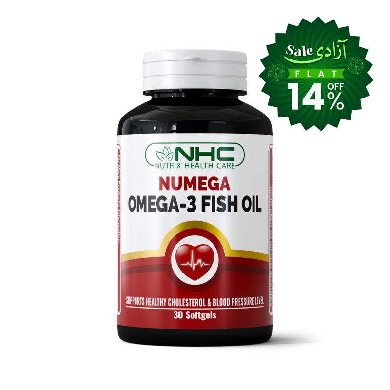 NHC Numega Omega-3 Fish Oil supplement bottle with a white cap and a white, red, and gold label, shown on a white background with a green sale badge in the top right corner.