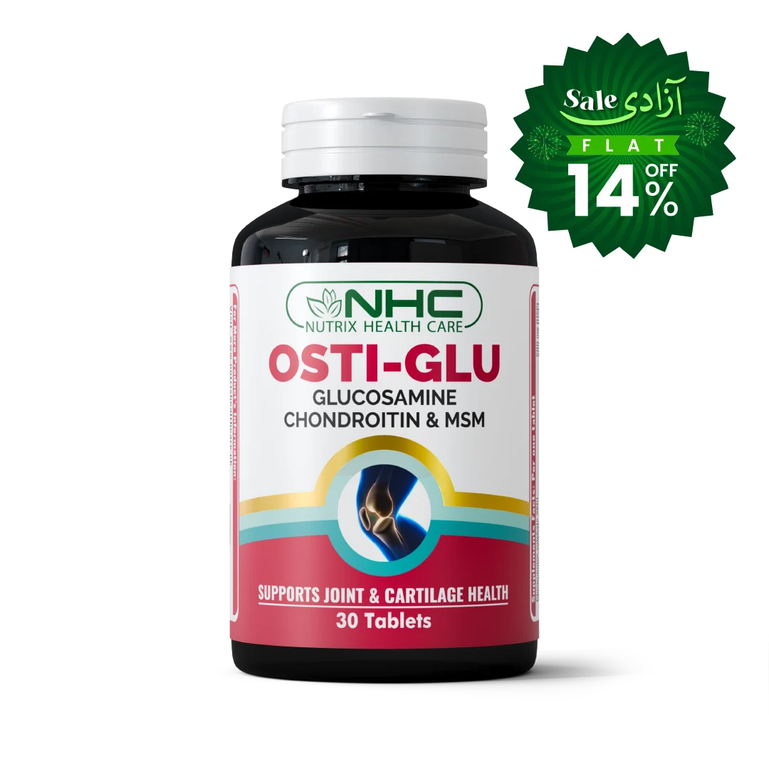 A bottle of NHC Nutrix Health Care Osti-Glu tablets on a white background with a green sale badge in the top right corner.