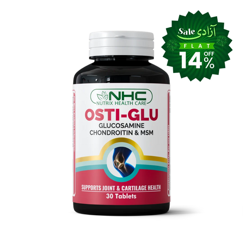 A bottle of NHC Nutrix Health Care Osti-Glu tablets on a white background with a green sale badge in the top right corner.