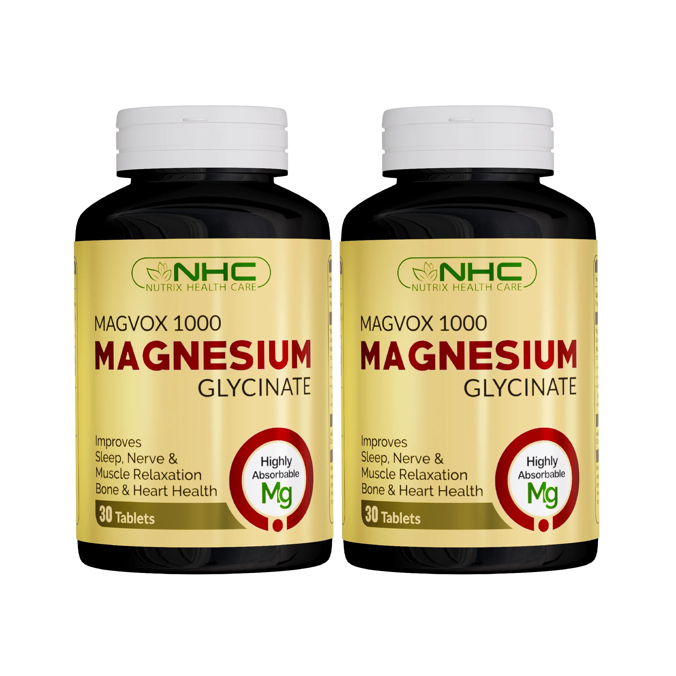 Magvox 1000 Magnesium Glycinate Supplement - Bone & Heart Health - Highly Absorbable - 60 Tablets