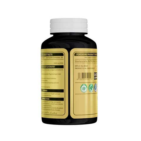 magvox supplement bottle with a white cap, showing the back label with product facts and manufacturing details
