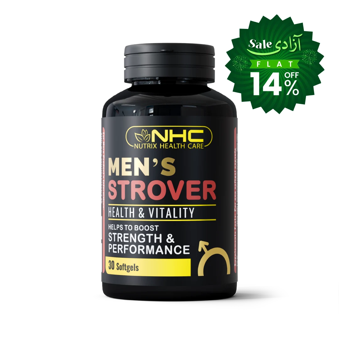 A black bottle of NHC Men's Strover Health & Vitality softgels, featuring a green promotional sale badge in the upper right corner.