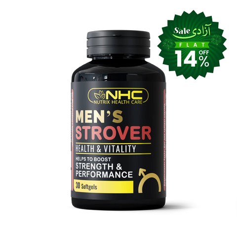 A black bottle of NHC Men's Strover Health & Vitality softgels, featuring a green promotional sale badge in the upper right corner.