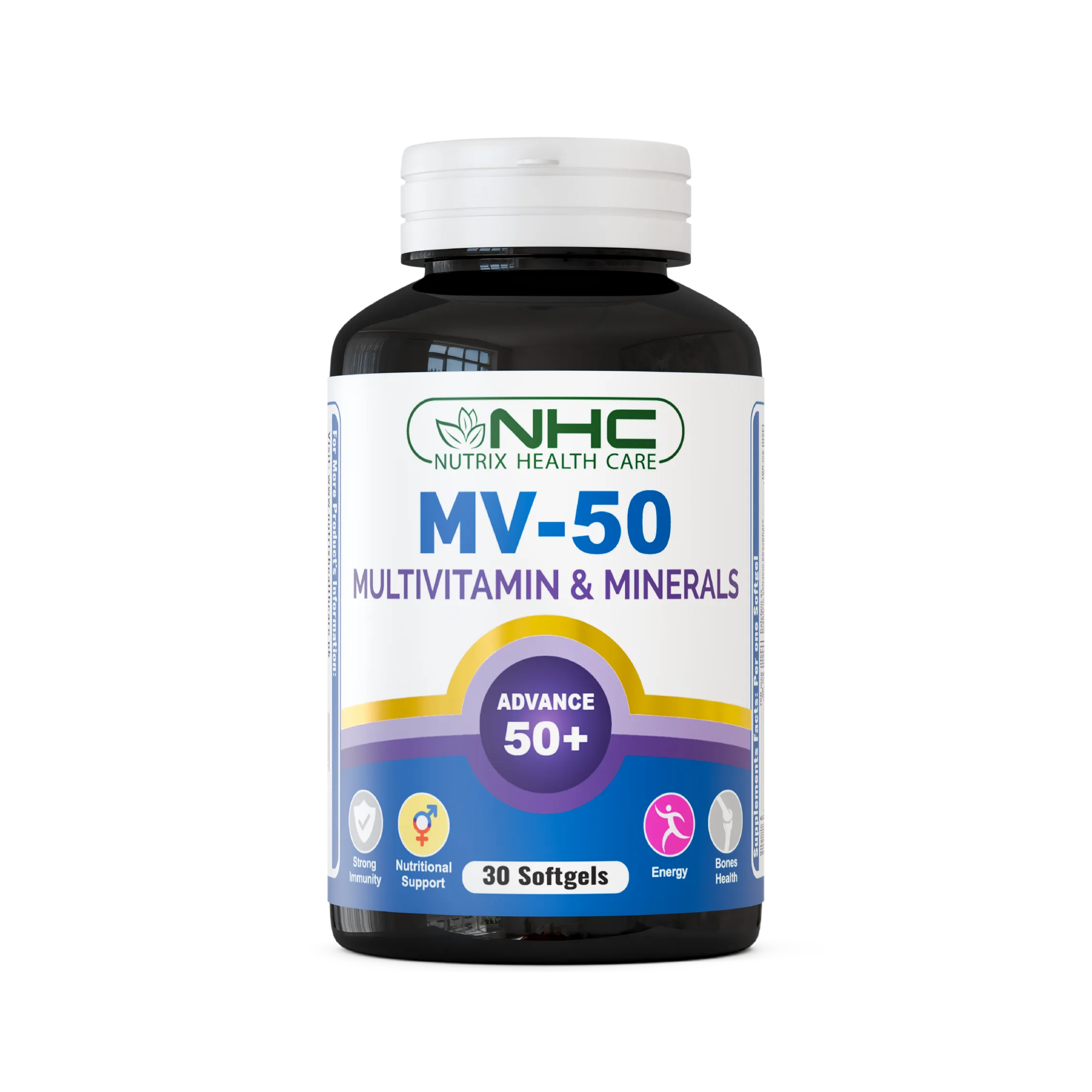 MV‑50 multivitamin softgel bottle, vitamins & minerals formula
