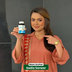 News Anchor Sadia Sarwar pointing to NHC Pantacal Calcium Vitamin D3 Magnesium Zinc supplement for bones and nerves health