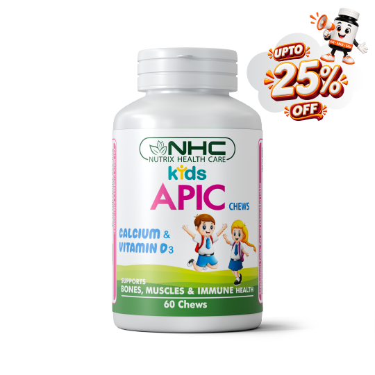 NHC Nutrix Health Care Kids APIC Chews supplement bottle on a white background with a promotional 'UPTO 25% OFF' badge in the top right corner. The bottle is white with a green and pink label featuring cartoon children.