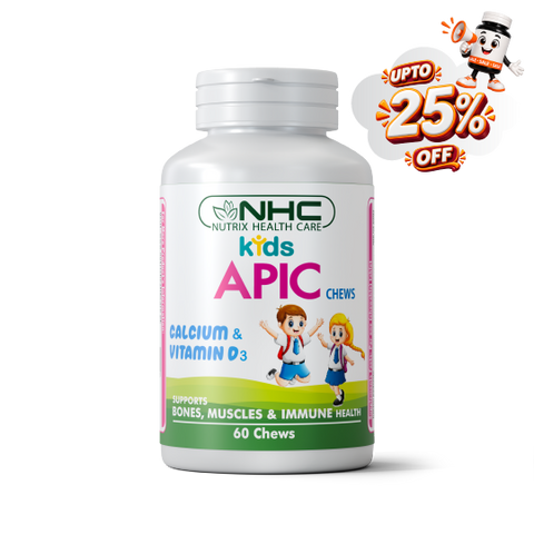 NHC Nutrix Health Care Kids APIC Chews supplement bottle on a white background with a promotional 'UPTO 25% OFF' badge in the top right corner. The bottle is white with a green and pink label featuring cartoon children.