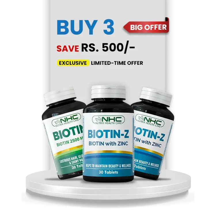 NHC Beauty Bundle – Buy 3 Biotin-Z with Zinc & Biotin 2500mg, Save Rs. 500 – For Lustrous Hair, Glowing Skin & Shiny Nails – 30 Tablets
