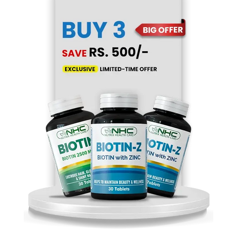 NHC Beauty Bundle – Buy 3 Biotin-Z with Zinc & Biotin 2500mg, Save Rs. 500 – For Lustrous Hair, Glowing Skin & Shiny Nails – 30 Tablets