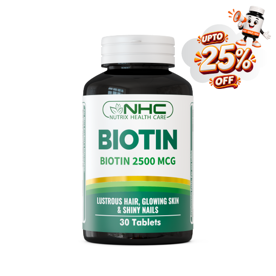A bottle of NHC Biotin 2500 MCG tablets on a white background, featuring a promotional badge in the top right corner offering up to 25% off.