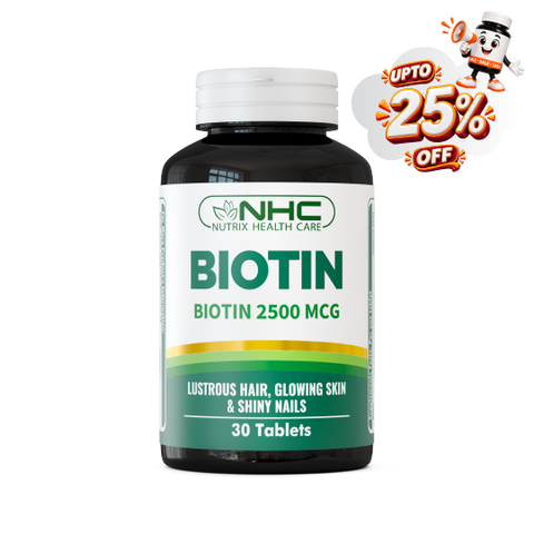 A bottle of NHC Biotin 2500 MCG tablets on a white background, featuring a promotional badge in the top right corner offering up to 25% off.