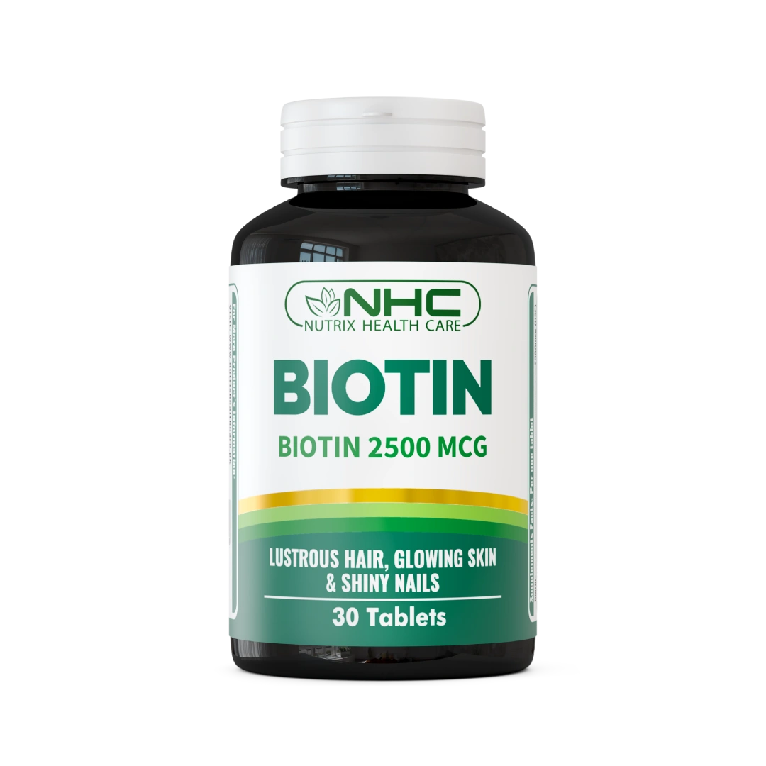 NHC Nutrix Health Care Biotin 2500 MCG supplement bottle, 30 tablets, promotes lustrous hair, glowing skin and shiny nails