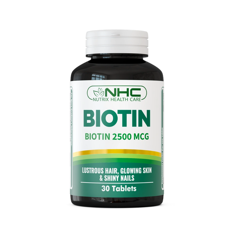 NHC Nutrix Health Care Biotin 2500 MCG supplement bottle, 30 tablets, promotes lustrous hair, glowing skin and shiny nails