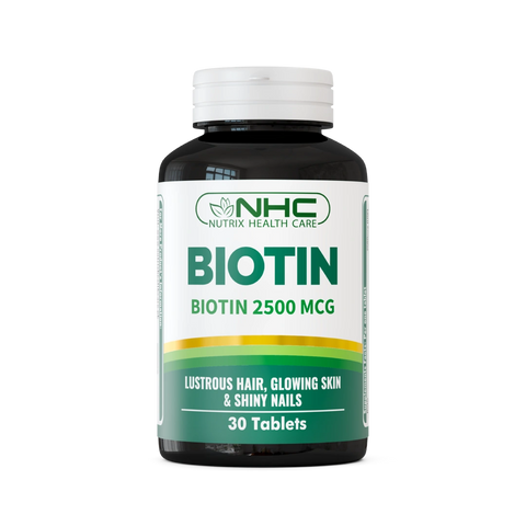 NHC Nutrix Health Care Biotin 2500 MCG supplement bottle, 30 tablets, promotes lustrous hair, glowing skin and shiny nails