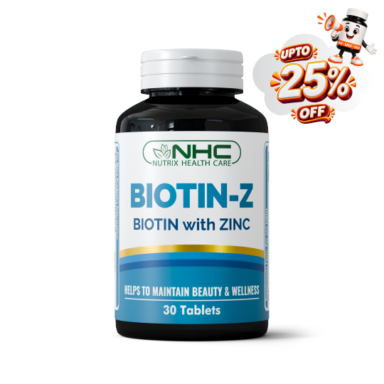 A bottle of NHC Biotin-Z dietary supplement with a white and blue label, shown on a white background with a promotional 'Upto 25% Off' cartoon badge in the top right corner.