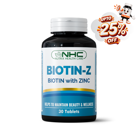 A bottle of NHC Biotin-Z dietary supplement with a white and blue label, shown on a white background with a promotional 'Upto 25% Off' cartoon badge in the top right corner.