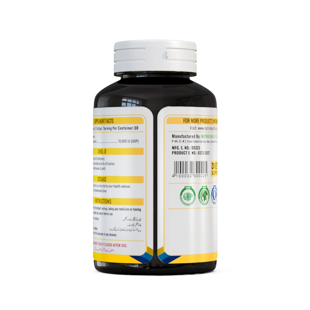NHC Chol-D Vitamin D3 10000 IU supplement bottle back label showing supplement facts and dosage