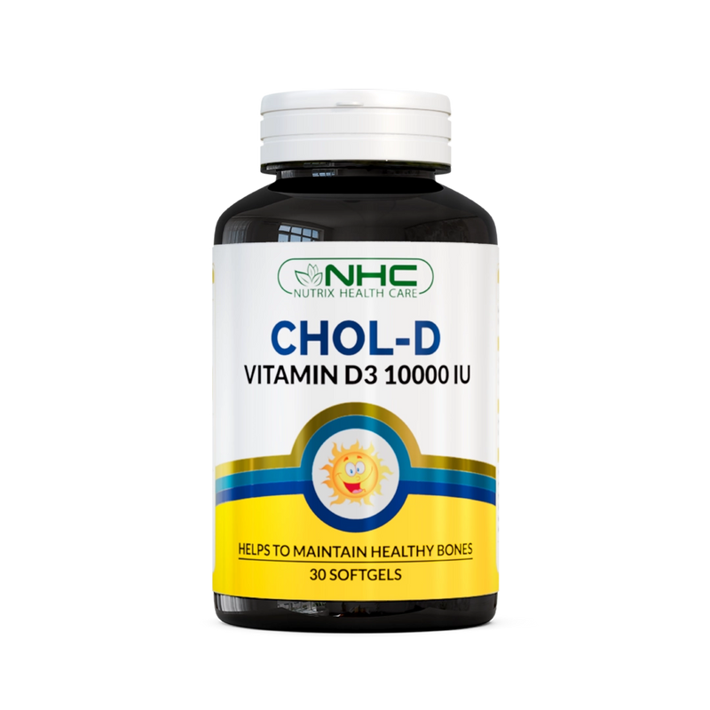 NHC Chol-D Vitamin D3 10000 IU supplement bottle, 30 softgels, front view