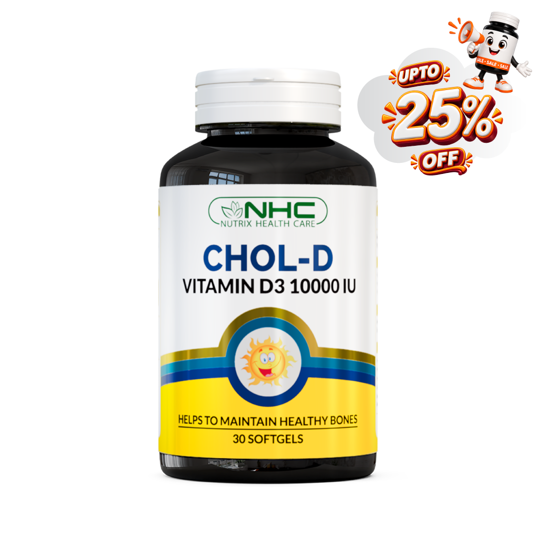 NHC Chol-D Vitamin D3 10000 IU supplement bottle with up to 25% off sale badge