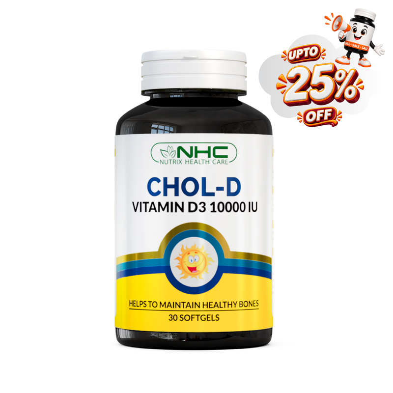 NHC Chol-D Vitamin D3 10000 IU supplement bottle with up to 25% off sale badge