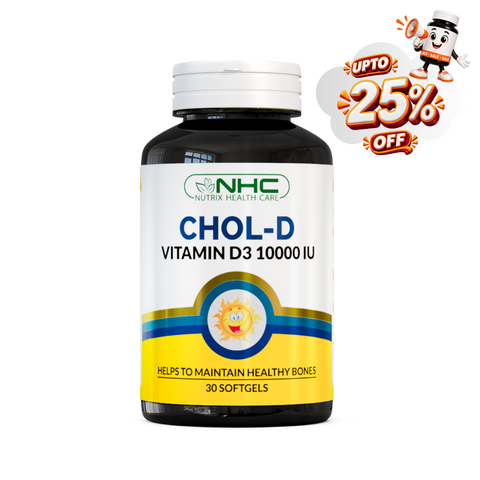 NHC Chol-D Vitamin D3 10000 IU supplement bottle with up to 25% off sale badge