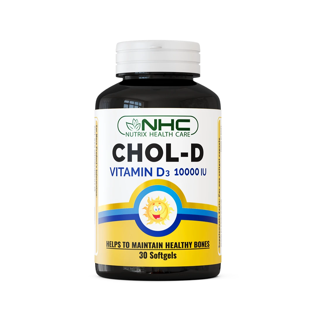 NHC Nutrix Health Care Chol-D Vitamin D3 10000 IU supplement bottle, 30 softgels, helps to maintain healthy bones