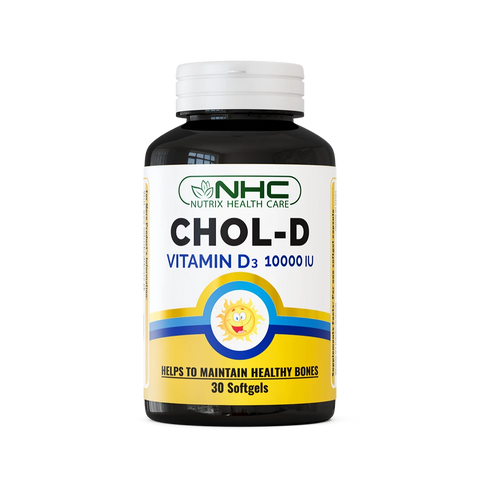 NHC Nutrix Health Care Chol-D Vitamin D3 10000 IU supplement bottle, 30 softgels, helps to maintain healthy bones