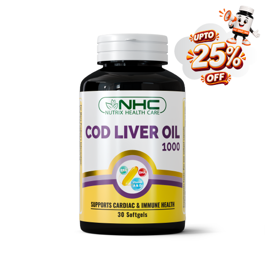 A bottle of NHC Nutrix Health Care Cod Liver Oil 1000 softgels, shown on a plain white background with a promotional 'UPTO 25% OFF' badge in the top right corner.