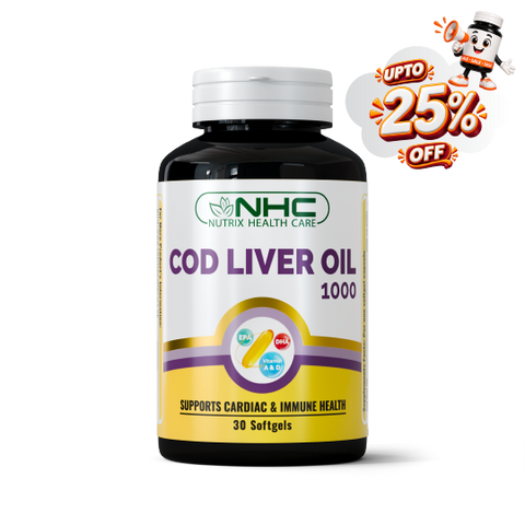 A bottle of NHC Nutrix Health Care Cod Liver Oil 1000 softgels, shown on a plain white background with a promotional 'UPTO 25% OFF' badge in the top right corner.