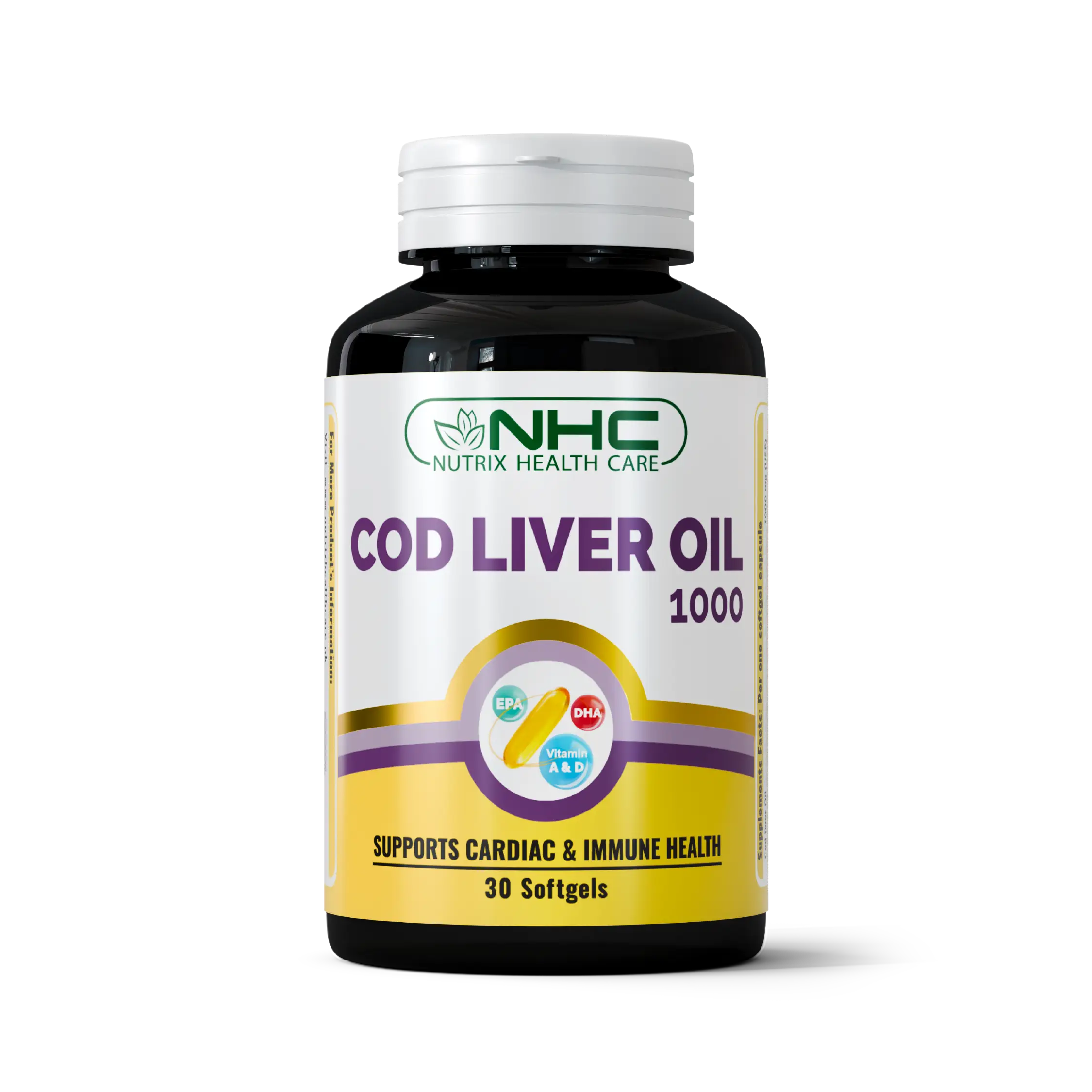 NHC Nutrix Health Care Cod Liver Oil 1000mg with EPA, DHA & Vitamin A & D – Supports Cardiac & Immune Health, 30 Softgels