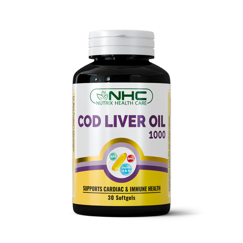 NHC Nutrix Health Care Cod Liver Oil 1000mg with EPA, DHA & Vitamin A & D – Supports Cardiac & Immune Health, 30 Softgels