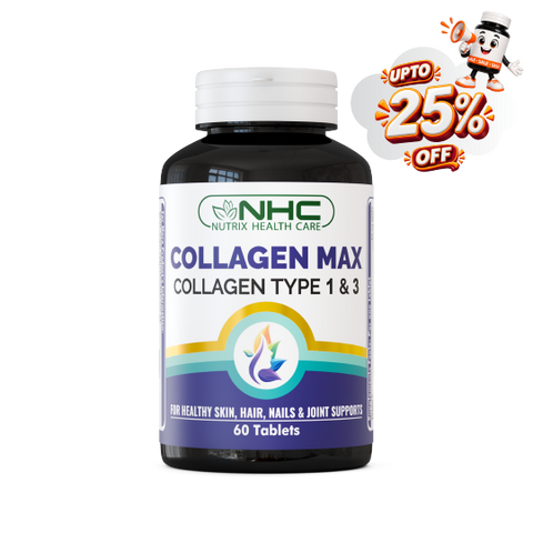 A bottle of NHC Collagen Max dietary supplement with a white cap and a white label featuring green and purple branding, shown on a white background with a promotional 'UPTO 25% OFF' graphic in the top right corner.