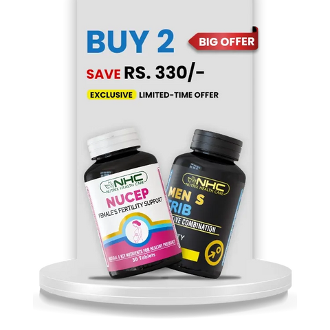 NHC Conception Bundle – Buy 2 Save Rs. 330 – Nucep Female Fertility Support & Men's Trib Active Combination – Natural Nutrients for Healthy Conception – 30 Tablets Each