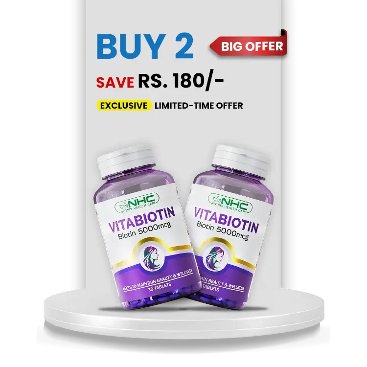 NHC Dream Hair Bundle – Buy 2 VitaBiotin 5000mcg, Save Rs. 180 – Helps Maintain Hair Beauty & Wellness – 30 Tablets Each