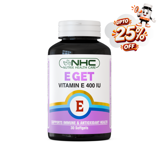 A bottle of NHC Nutrix Health Care E-GET Vitamin E 400 IU softgels, featuring a white and purple label with a white cap, shown against a plain white background with a promotional 'UPTO 25% OFF' badge in the top right corner.