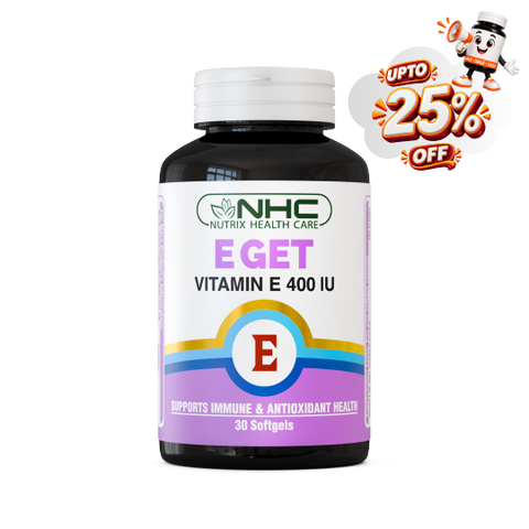 A bottle of NHC Nutrix Health Care E-GET Vitamin E 400 IU softgels, featuring a white and purple label with a white cap, shown against a plain white background with a promotional 'UPTO 25% OFF' badge in the top right corner.