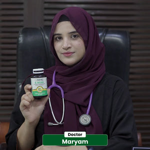 Doctor Maryam with stethoscope holding NHC E-Rose Evening Primrose Oil Vitamin E softgels
