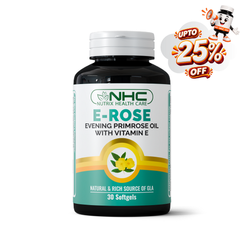 A bottle of NHC Nutrix Health Care E-Rose Evening Primrose Oil with Vitamin E softgels, shown on a white background with a promotional 'UPTO 25% OFF' cartoon badge in the top right corner.